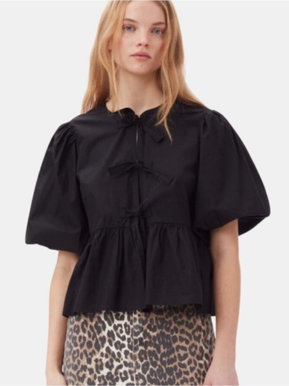 Ganni black poplin peplum tie blouse